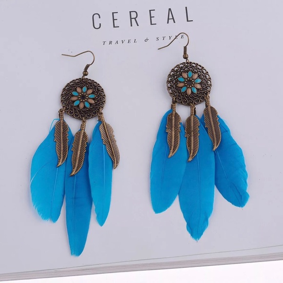 🌙 Teal feather drop earrings dangle BUNDLE Save - Picture 4 of 5
